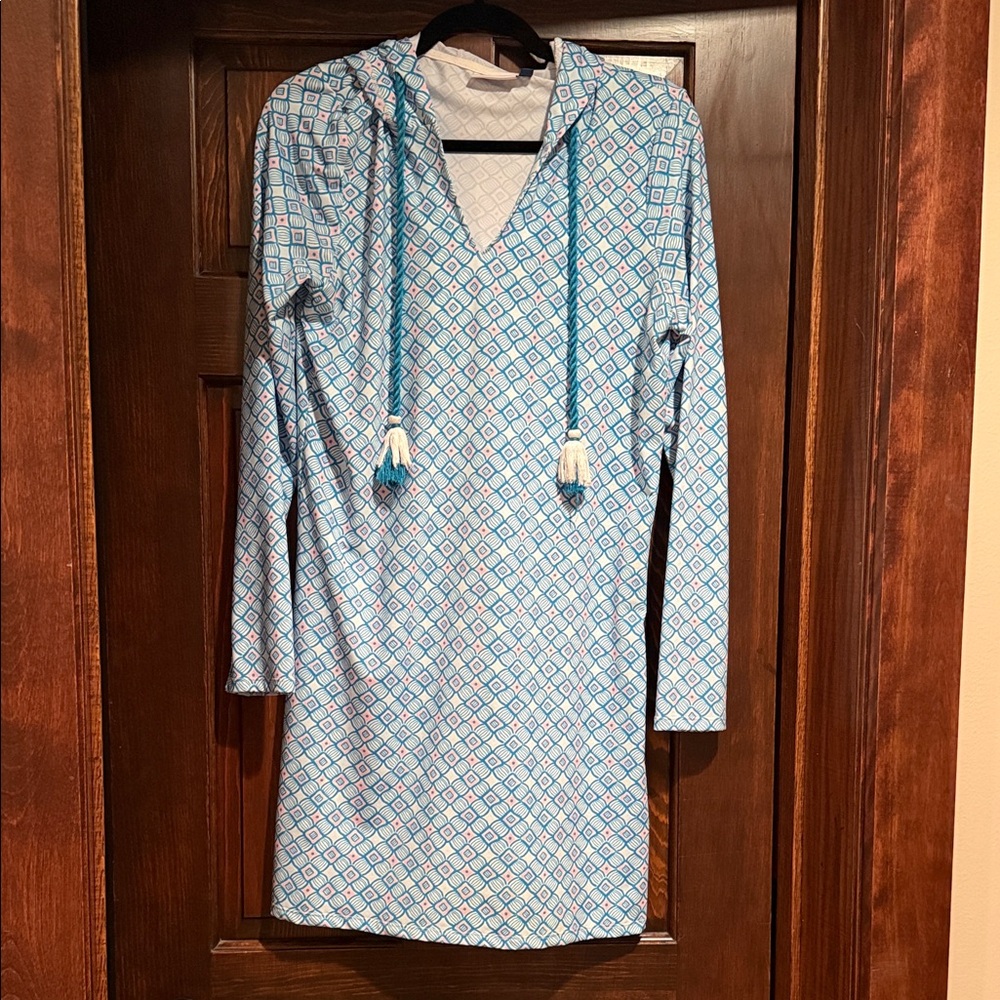 NWOT Blue Geometric Patterned Beach Cover Up Hoodie Dress
